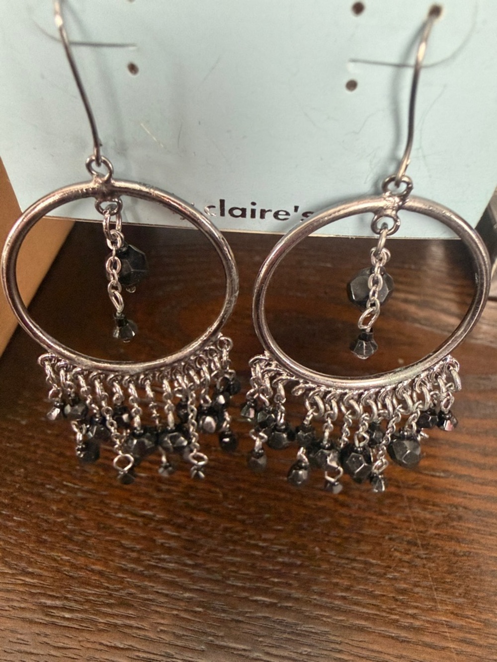 Claire's Silver Tone Hoop Earrings with Black Bead Fringe